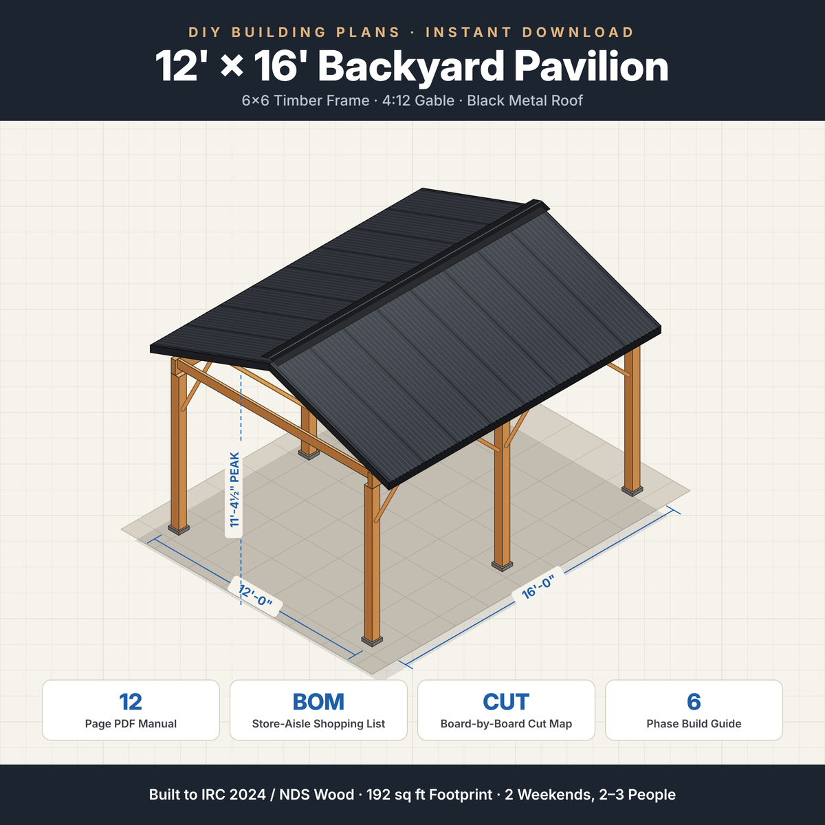 12x16 backyard pavilion plans – isometric drawing of a timber frame pavilion with black metal gable roof