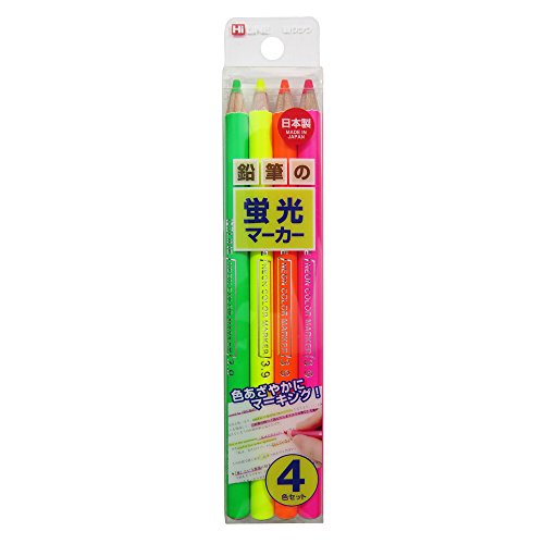 KUTSUWA Hi LiNE Highlighter Pencil, 4 brilliant fluorescent colors/set, 1 Set, Yellow, green, Pink, Orange (PA001)