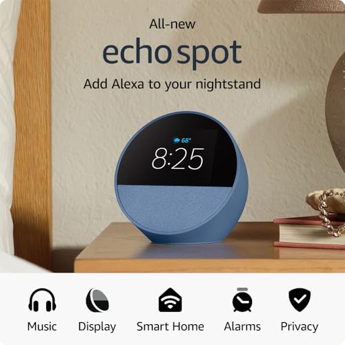 All-new Amazon Echo Spot (2024 release), Smart alarm clock with vibrant sound + Alexa, Ocean Blue