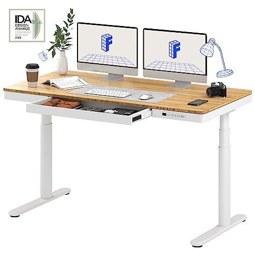 FLEXISPOT 55" Bamboo Standing Desk, Dual Motor 3 Stages Adjustable Height Electric Computer Workstation w/Wireless Charging, Drawer, Quick Install, 220lbs Capacity (Bamboo Tabletop + White Frame)