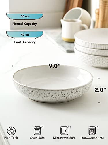 LE TAUCI Pasta Bowls, 42oz Large Salad Bowl, Serving Plate House-warming Wedding Present, Ceramic Embossment Bowl for Fruits, Noodle, Dinner - 9 Inch, Set of 4, Arctic White