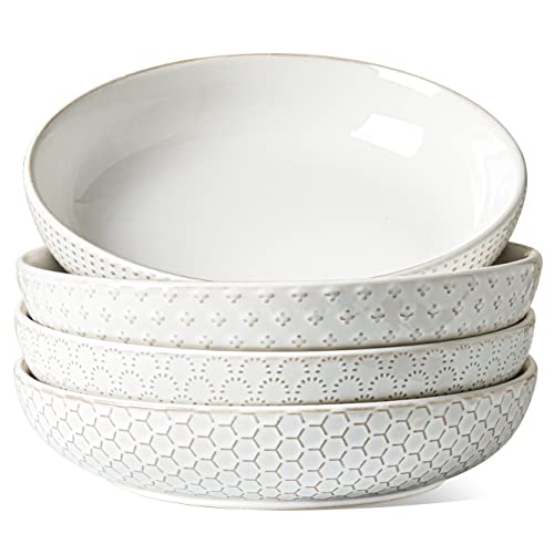 LE TAUCI Pasta Bowls, 42oz Large Salad Bowl, Serving Plate House-warming Wedding Present, Ceramic Embossment Bowl for Fruits, Noodle, Dinner - 9 Inch, Set of 4, Arctic White