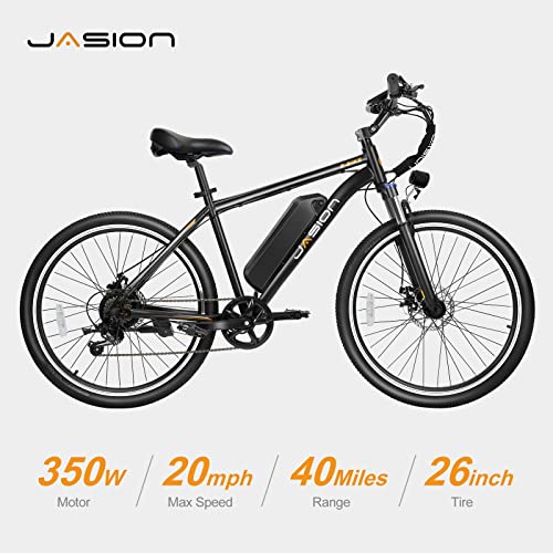 Jasion EB5 Electric Bike for Adults with 360Wh Removable Battery, 40Miles 20MPH Commuting Electric Mountain Bike with 350W Brushless Motor, 7-Speed, 26" Tires and Front Suspension (Standard, Dark)