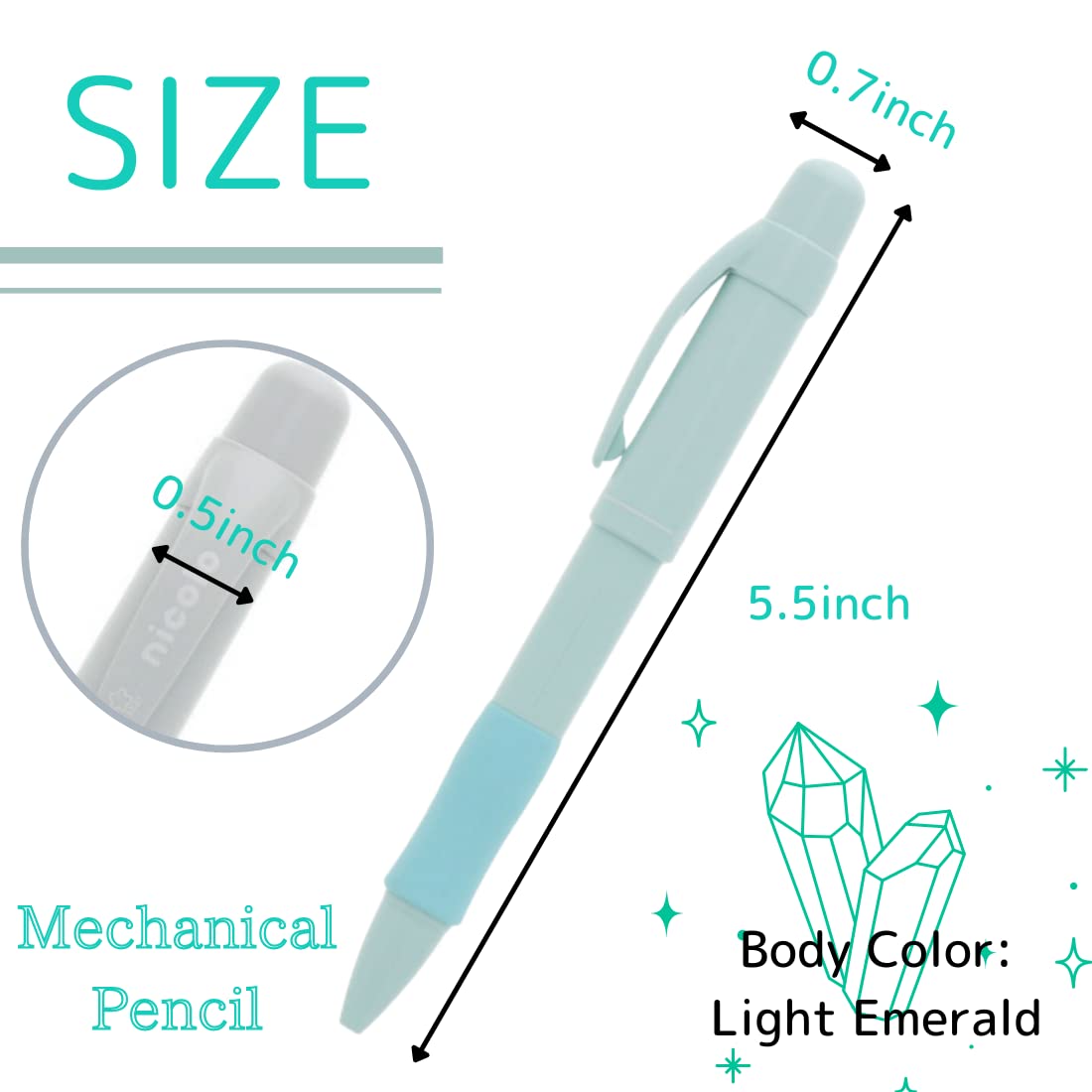 SUN-STAR 2 in 1 Mechanical Pencil, 0.5 mm & 0.3 mm with Eraser, Drawing Writing Pen for Office Supplies, Light Emerald