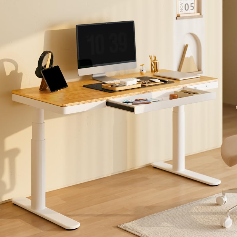 FLEXISPOT 55" Bamboo Standing Desk, Dual Motor 3 Stages Adjustable Height Electric Computer Workstation w/Wireless Charging, Drawer, Quick Install, 220lbs Capacity (Bamboo Tabletop + White Frame)