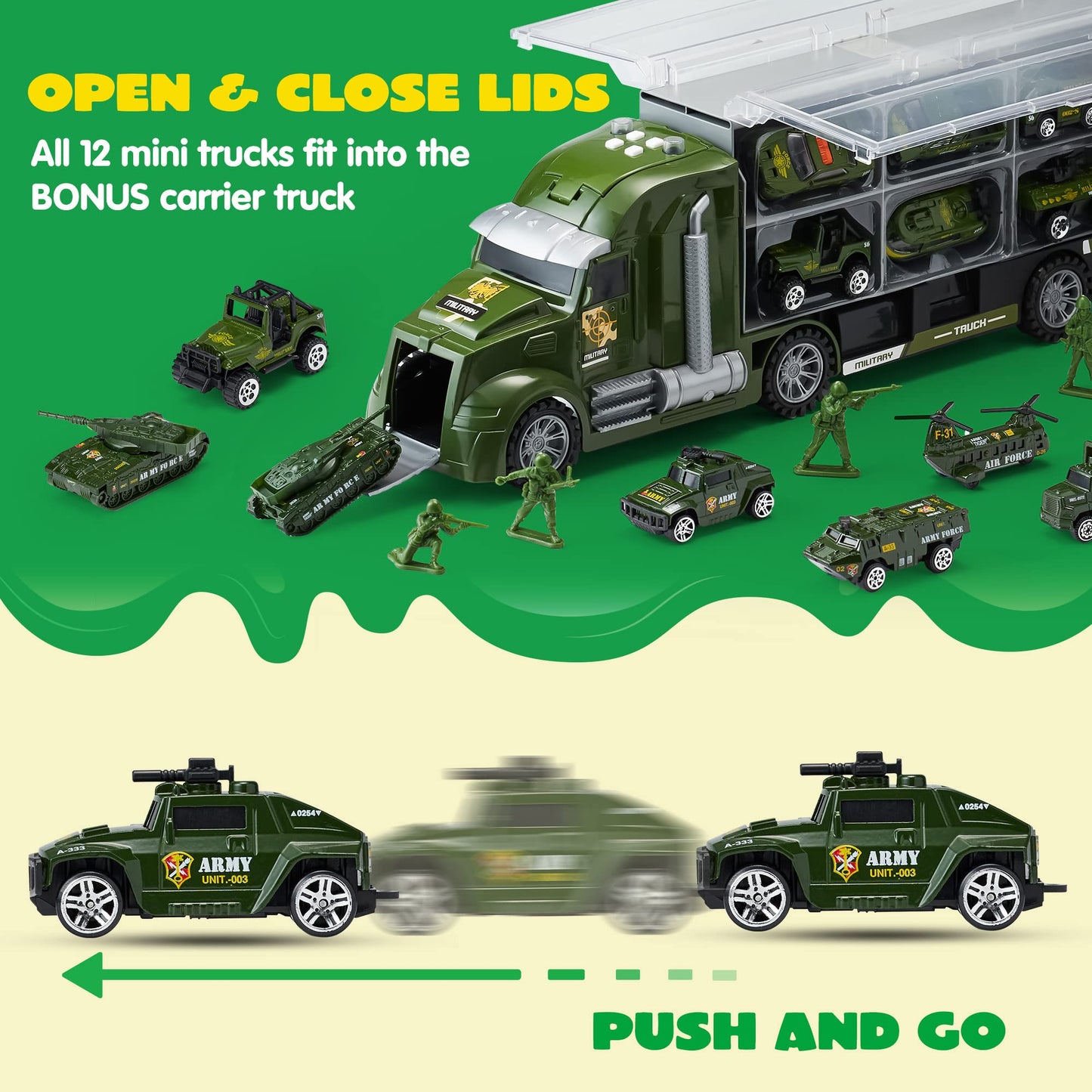 JOYIN 25 in 1 Green Military Big Truck Toys, Army Men Tanks Set with Soldier Men, Mini Battle Car Toy in Carrier Truck with Lights and Sounds, Gifts for Toddler Kids Boys Ages 3+