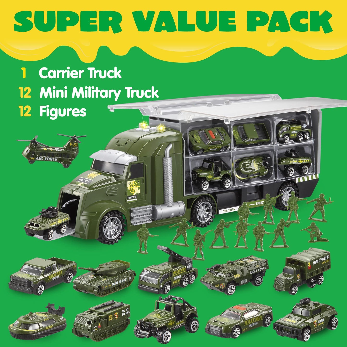 JOYIN 25 in 1 Green Military Big Truck Toys, Army Men Tanks Set with Soldier Men, Mini Battle Car Toy in Carrier Truck with Lights and Sounds, Gifts for Toddler Kids Boys Ages 3+