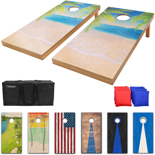 GoSports 4 ft x 2 ft Regulation Size Premium Wood Cornhole Set - Vintage Wood Designs - Tropical Beach