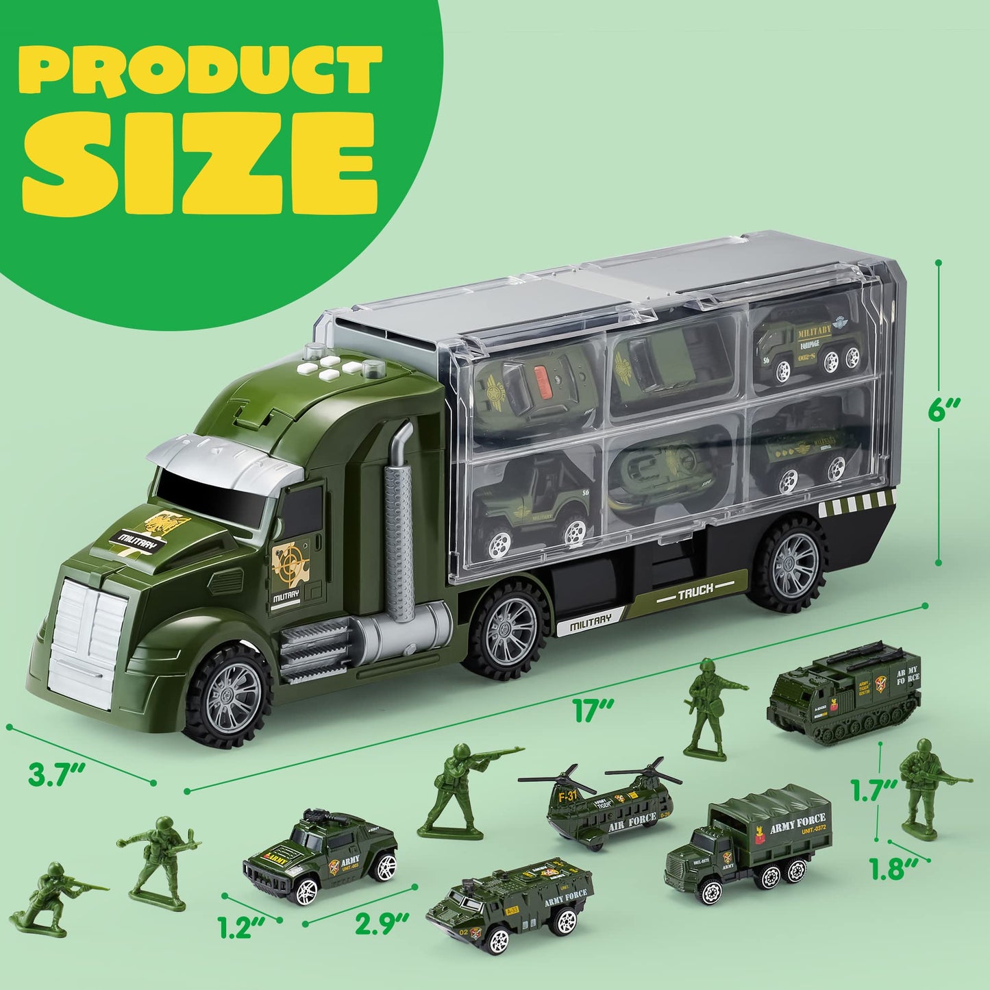 JOYIN 25 in 1 Green Military Big Truck Toys, Army Men Tanks Set with Soldier Men, Mini Battle Car Toy in Carrier Truck with Lights and Sounds, Gifts for Toddler Kids Boys Ages 3+