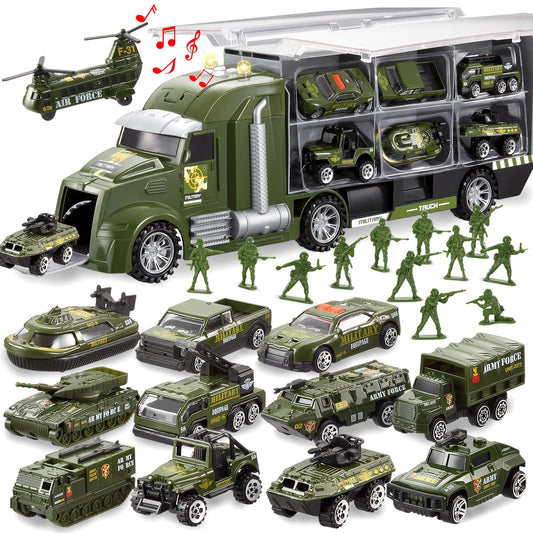 JOYIN 25 in 1 Green Military Big Truck Toys, Army Men Tanks Set with Soldier Men, Mini Battle Car Toy in Carrier Truck with Lights and Sounds, Gifts for Toddler Kids Boys Ages 3+