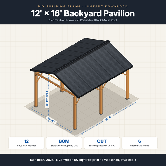 12x16 backyard pavilion plans – isometric drawing of a timber frame pavilion with black metal gable roof